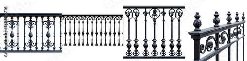 Detailed view of an intricate wrought iron fence or railing featuring ornate architectural metalwork patterns and designs on the exterior of an old historic building in an urban city setting