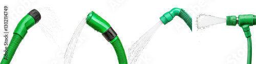 Green garden hose spraying a high pressure stream of water creating a refreshing splash for watering plants cleaning outdoor surfaces and supporting sustainable gardening practices