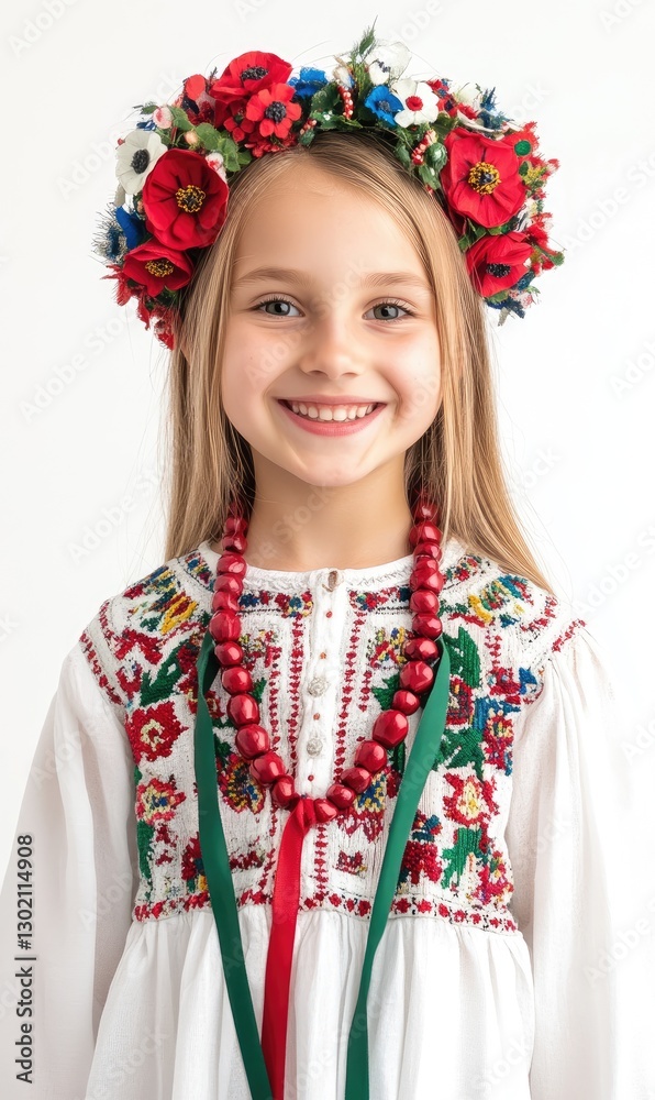A beautiful, smiling girl in a Ukrainian national costume, with a wreath on her head adorned with red poppies and green leaves. A beautiful, smiling girl in a Ukrainian national costume, with a wreath on her head adorned with red poppies and green leaves.