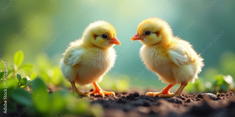 Two fluffy yellow chicks face each other in a garden setting, bathed in soft sunlight, a charming springtime scene of new life and growth. Two fluffy yellow chicks face each other in a garden setting, bathed in soft sunlight, a charming springtime scene of new life and growth.