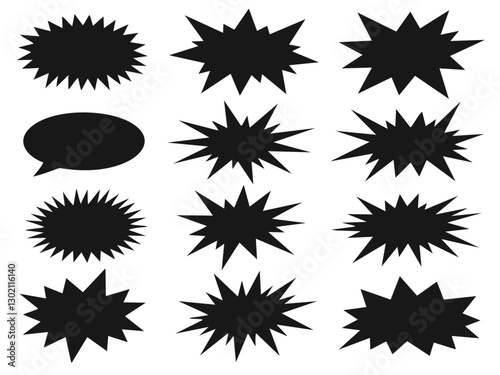 A collection of black silhouette comic book-style speech bubbles, bursts, and explosion effects on a white background  
