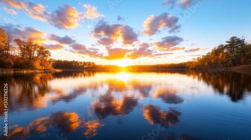 Sunset reflecting on calm autumn lake