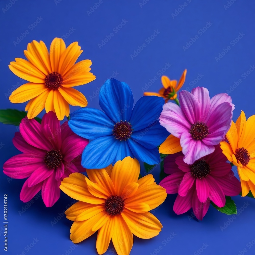Generative AI Colorful Flowers on Blue Background flowers daisies blue background yellow orange pink blue floral vibrant arrangement beauty joy cheerfulness optimism - Grab attention. Generative AI Colorful Flowers on Blue Background flowers daisies blue background yellow orange pink blue floral vibrant arrangement beauty joy cheerfulness optimism - Grab attention.