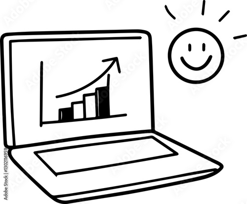 Startup founder concept Laptop displaying growth chart with a smiling sun illustration.
