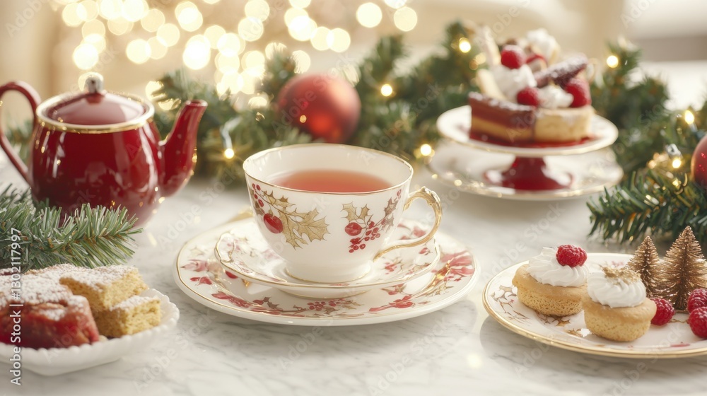 Festive Christmas Tea Setting with Red Teapot, Treats and Decorated Teacup, Holiday Scene Festive Christmas Tea Setting with Red Teapot, Treats and Decorated Teacup, Holiday Scene