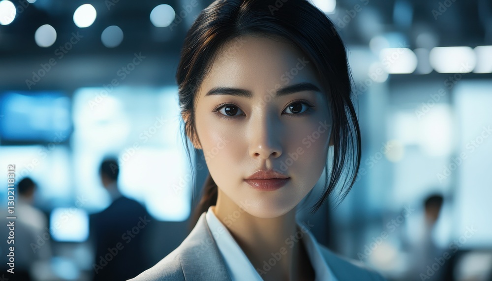 Naklejka premium A portrait of a confident young Asian businesswoman standing in a modern office setting, exuding professionalism and success.