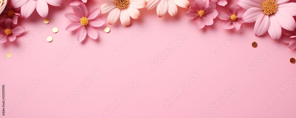 Fototapeta premium Pink daisy flowers border on pastel background with copy space. Spring floral arrangement for Mother's Day, Women's Day, or Easter greeting card design. Feminine festive composition.