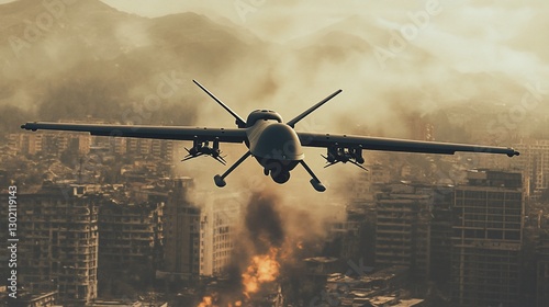 Armed Drone Flying Over War Torn City Landscape with Smoke and Fire