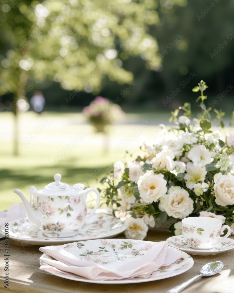 Elegant Tea Party Set on Table with Flowers in Garden Setting Elegant Tea Party Set on Table with Flowers in Garden Setting