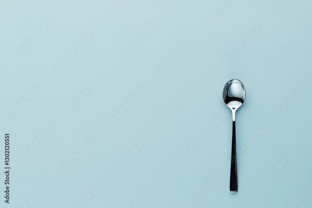 A single silver spoon sits on a light blue surface A single silver spoon sits on a light blue surface