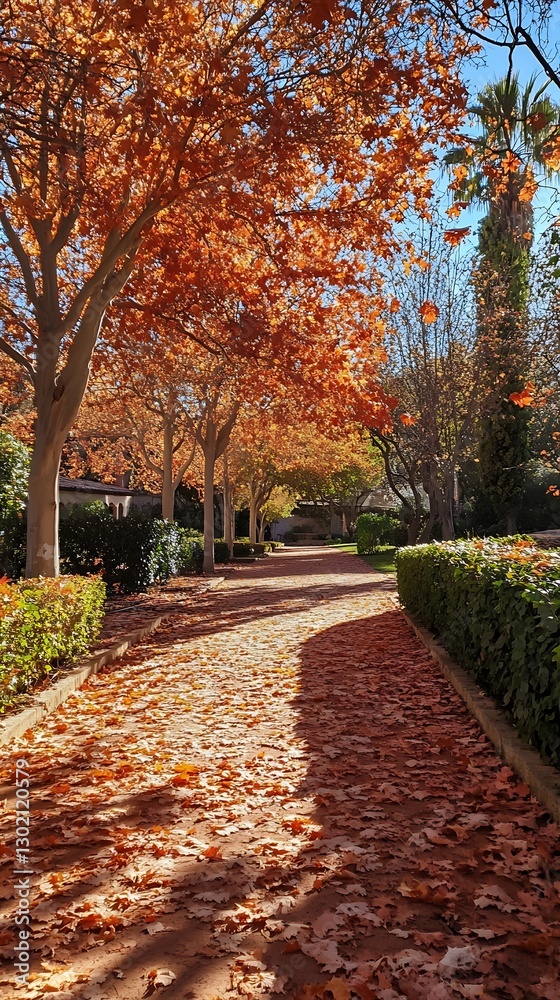 Naklejka premium Autumn park path, colorful leaves, sunlit scene, perfect for nature photography
