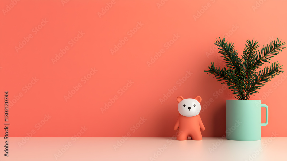 Playful bear figurine next to potted plant on minimalistic table in cozy interior space Playful bear figurine next to potted plant on minimalistic table in cozy interior space