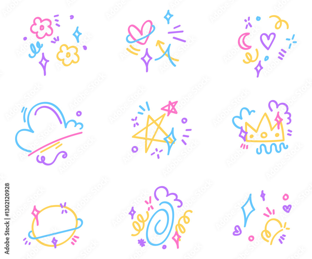 Fototapeta premium Cute colorful line sparkle doodle clipart illustration