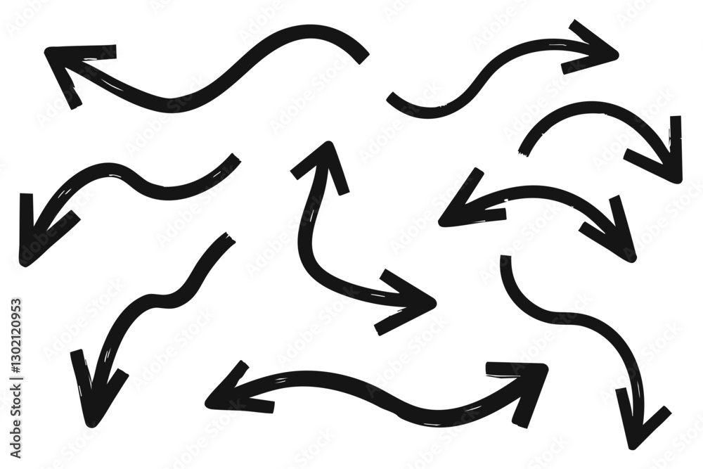 Collection of sketch-style black arrows with varied shapes, including curved, zigzag, and looping designs
Collection of sketch-style black arrows with varied shapes, including curved, zigzag, and looping designs