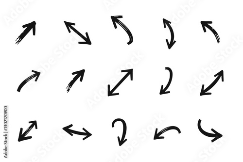 Set of hand-drawn black arrows with dynamic styles, including wavy, zigzag, and looping designs  
