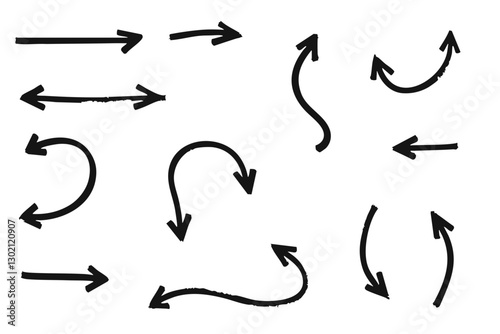 Set of hand-drawn black arrows with dynamic styles, including wavy, zigzag, and looping designs  
