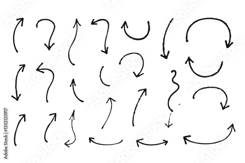 Collection of sketch-style black arrows with varied shapes, including curved, zigzag, and looping designs  
