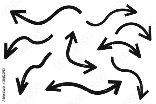 Collection of sketch-style black arrows with varied shapes, including curved, zigzag, and looping designs  
