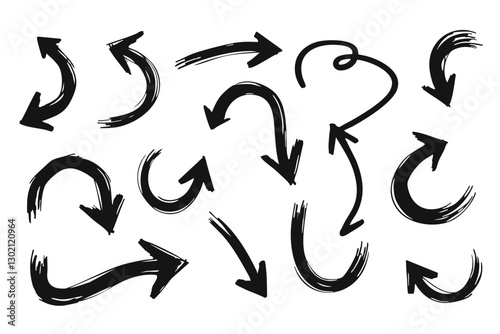 Collection of sketch-style black arrows with varied shapes, including curved, zigzag, and looping designs  
