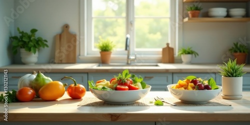 Sunlit Kitchen Countertop with Vibrant Fresh Produce and Two Bowls of Colorful Salads Ready to Enjoy