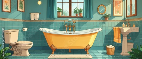 Vintage bathroom with clawfoot bathtub background anime retro cartoon concept illustration