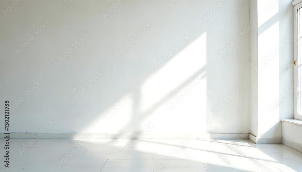 Obraz premium Bright empty white room interior with sunlight shining through window creating patterns