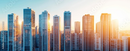 Sunrise over skyscrapers urban cityscape digital photography modern architecture aerial view city life