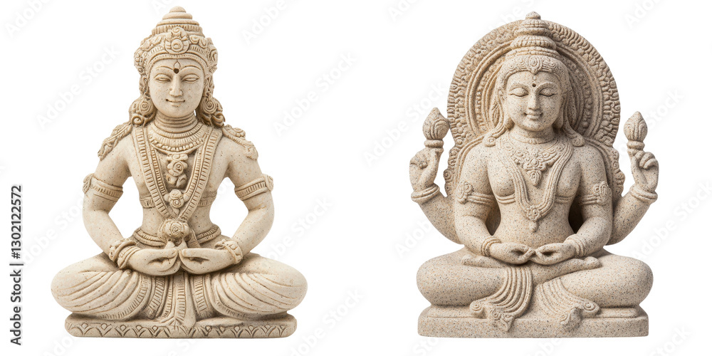 Two intricately carved Buddha statues in ornate poses of meditation and enlightenment Two intricately carved Buddha statues in ornate poses of meditation and enlightenment