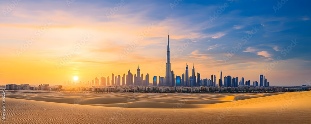 Naklejka premium Dubai skyline rises majestically behind serene sand dunes at sunset