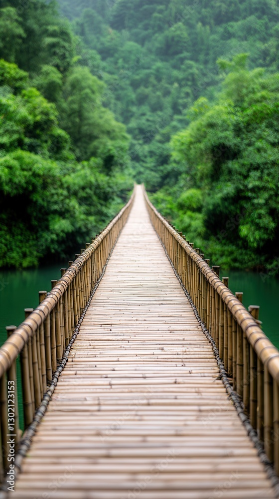 Bamboo Bridge Spanning Serene River in Lush Green Forest with Perspective Shot Bamboo Bridge Spanning Serene River in Lush Green Forest with Perspective Shot