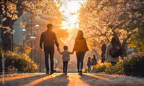 Family Walking Together Holding Hands in Warm Sunlight Springtime Park. Autism World Day