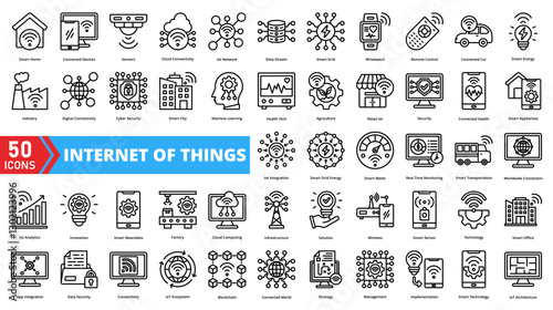 Set of internet of things web icons in line style. Containing devices, connectivity, smart, network, automation, sensors, data, technology, control, integration