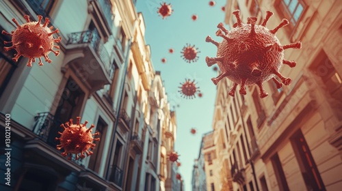 Red virus is flying through the air above a city
