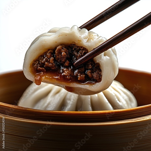 a pair of chopsticks picks up a white-faced bao, steamed bun texture, inside is savory brown meat sauce, the bun is cut in half, close-up shot