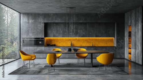 Modern kitchen with a yellow countertop and a yellow table
