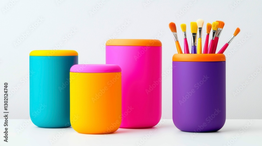 Fototapeta premium Vibrant Colorful Cylindrical Brush Holders Arrayed on White Backdrop Artistic Studio Tools Display
