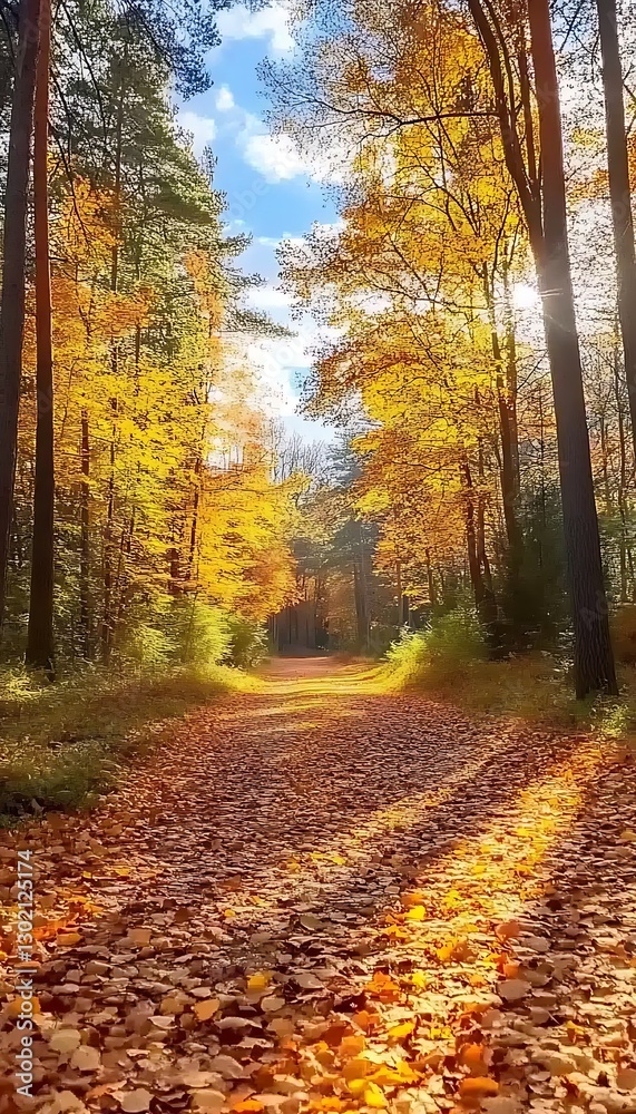 Autumn path forest sunlight leaves