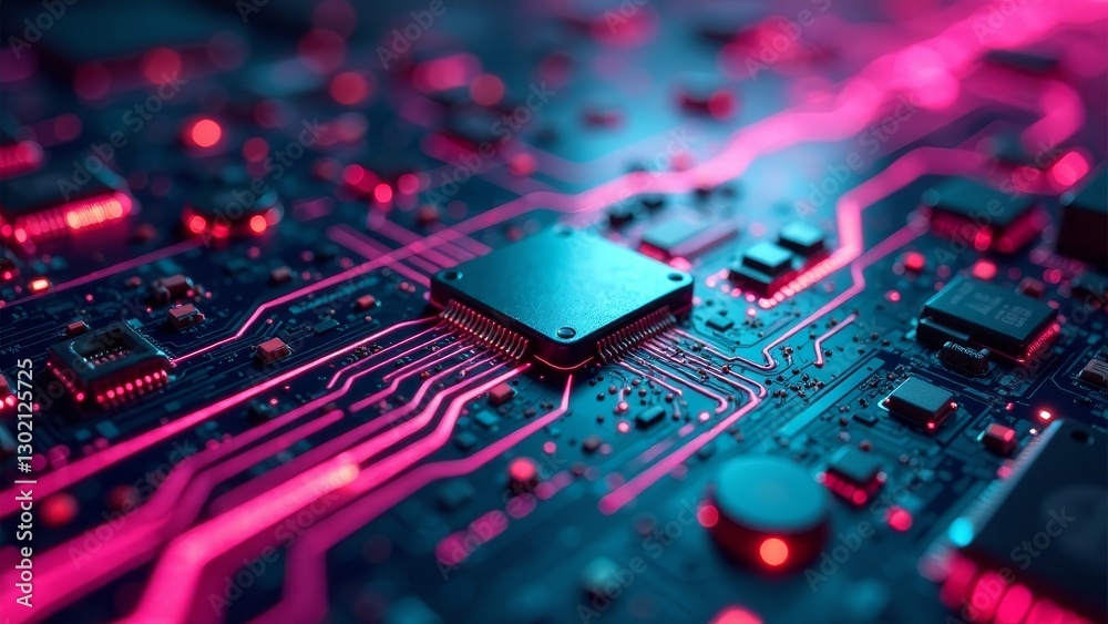 Close-up View of a Complex Microchip Circuit Board with Glowing Pink Traces Close-up View of a Complex Microchip Circuit Board with Glowing Pink Traces