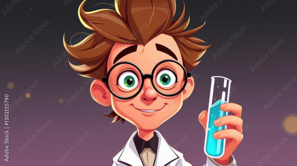 Cartoon scientist with glasses holding test tube with blue liquid in laboratory with purple background. Cartoon scientist with glasses holding test tube with blue liquid in laboratory with purple background.
