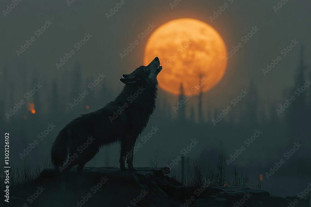 Wolf howling at large orange moon, forest fire background, nature artwork Wolf howling at large orange moon, forest fire background, nature artwork