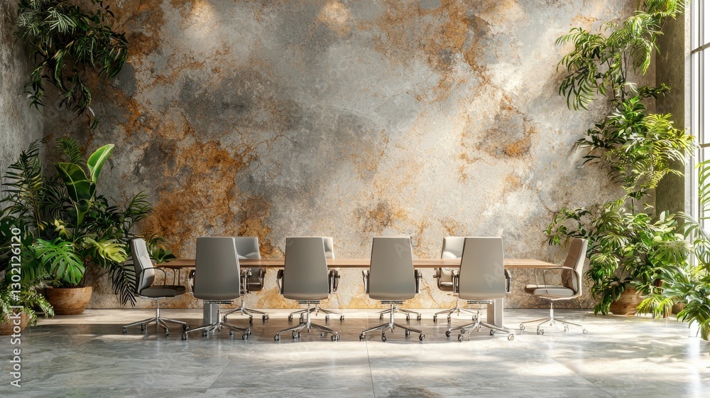 Large room with a wall covered in plants and a long table with chairs Large room with a wall covered in plants and a long table with chairs