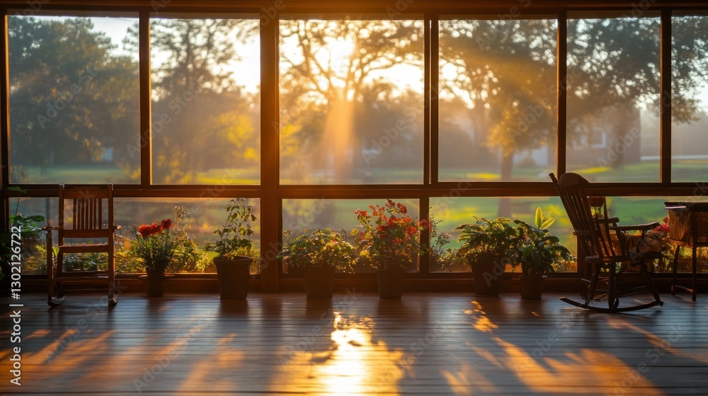 Naklejka premium Sunrise through porch windows, rocking chairs and flowers