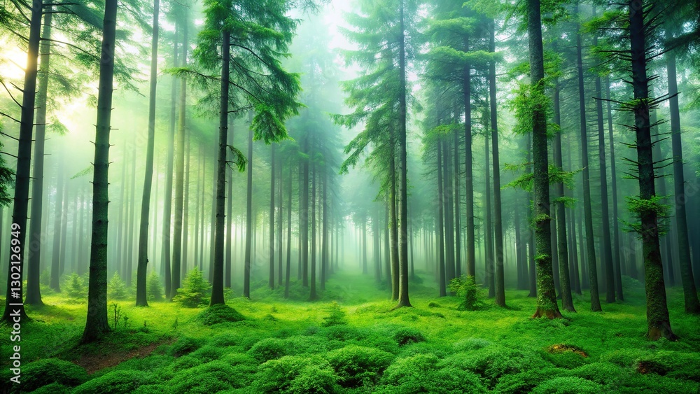 Naklejka premium Eerie Misty Green Forest, Tall Trees, Mysterious Woods, Nature Photography