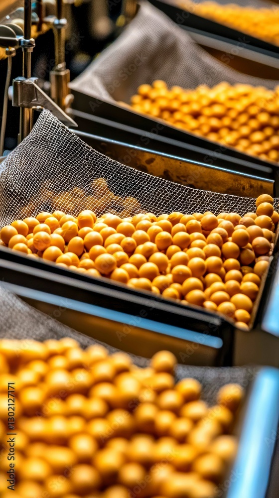 Golden Spheres in Industrial Conveyor System Conveying Shiny Orbs in Processing Line Setup Golden Spheres in Industrial Conveyor System Conveying Shiny Orbs in Processing Line Setup