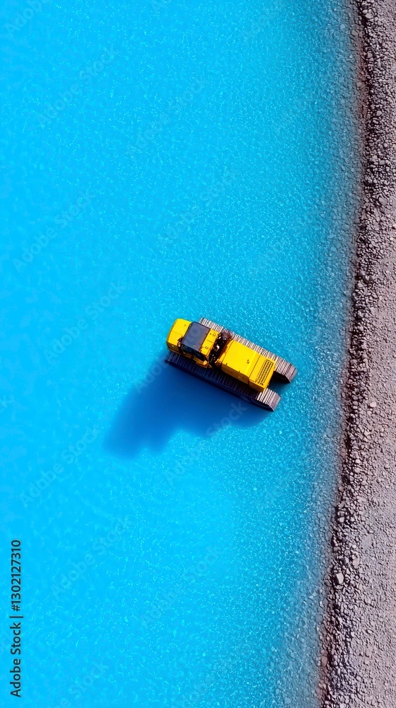 Fototapeta premium Yellow Tractor Vehicle in Azure Waterway Alongside Stony Shoreline Overhead View with Reflective Shadow