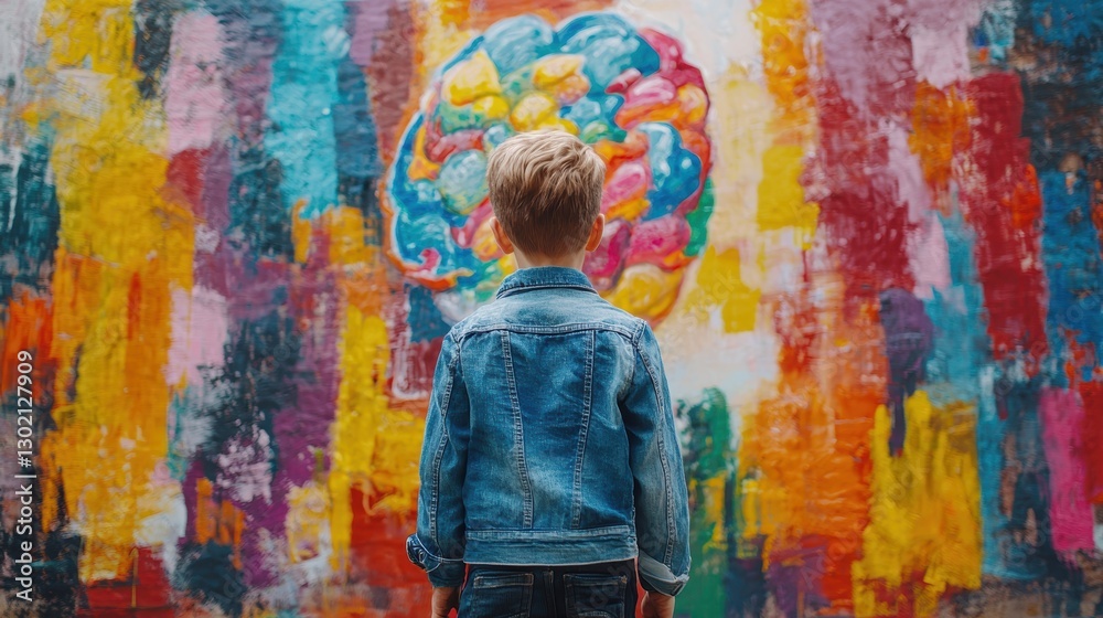 Obraz premium Young boy stands in front of a colorful painting, looking at it with curiosity