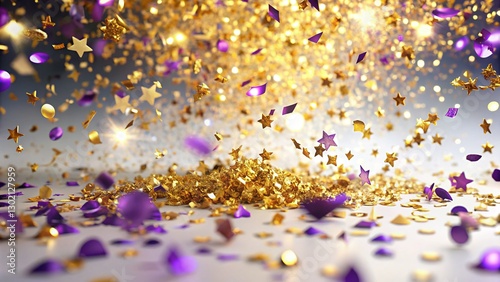 Festive Golden & Purple Confetti Sparkle Background - Celebration Stock Photo
