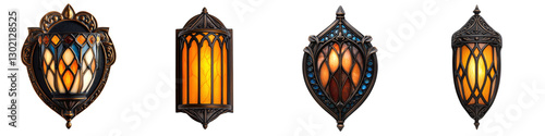Intricate and Ornate Stained Glass Lantern Lamps in Classic Gothic or Vintage Architectural Style Providing Warm Ambient Lighting for Interiors Homes or Religious Spaces
