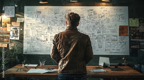 Man stands in front of a white board with a lot of writing on it