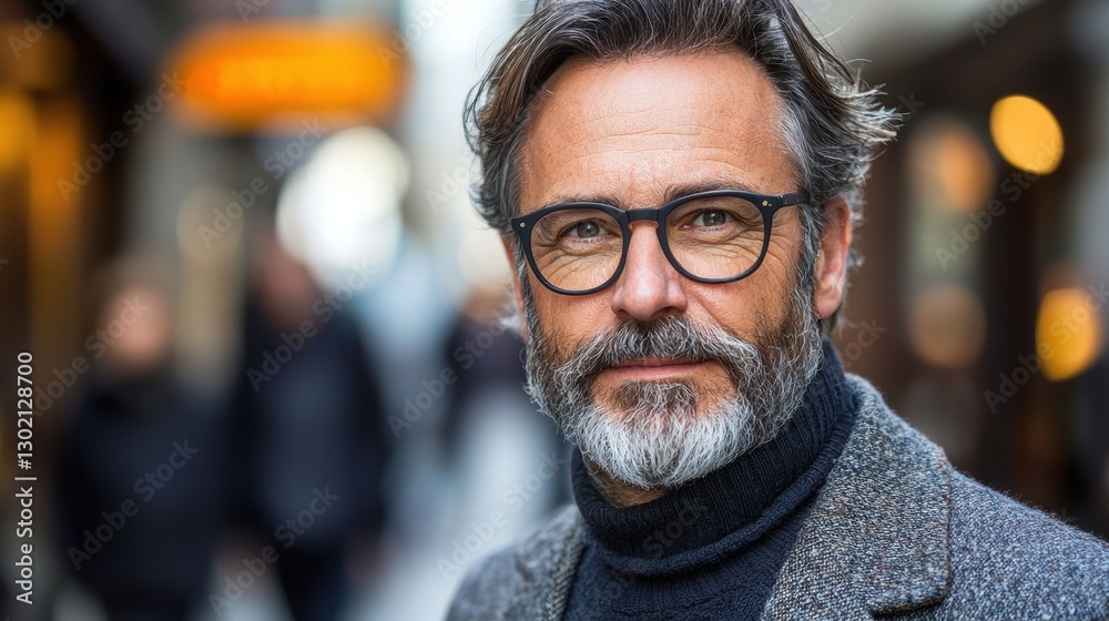 Man with glasses and a gray beard is standing in front of a building Man with glasses and a gray beard is standing in front of a building